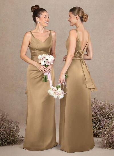 A-Line V-Neck Sleeveless Floor-Length Matte Satin Bridesmaid Dresses With Bow(s)