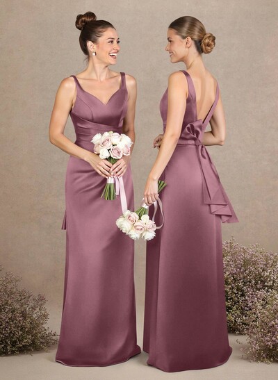 A-Line V-Neck Sleeveless Floor-Length Matte Satin Bridesmaid Dresses With Bow(s)