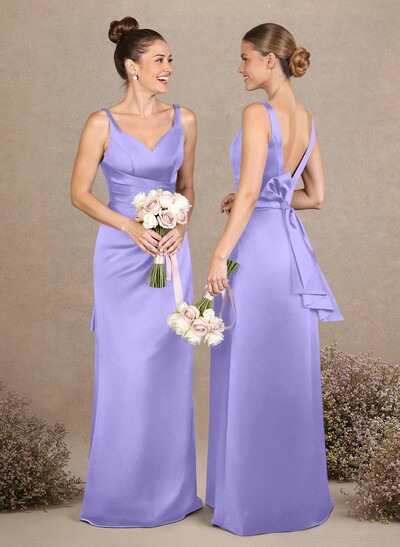 A-Line V-Neck Sleeveless Floor-Length Matte Satin Bridesmaid Dresses With Bow(s)