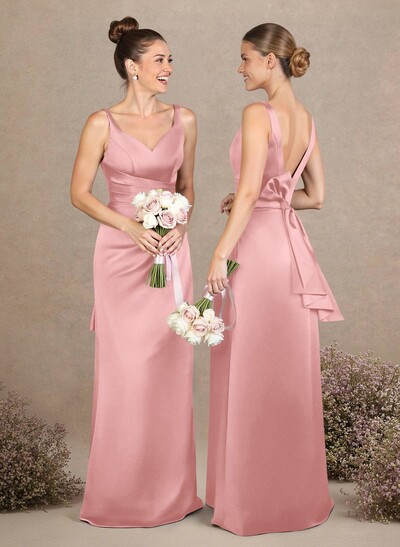 A-Line V-Neck Sleeveless Floor-Length Matte Satin Bridesmaid Dresses With Bow(s)