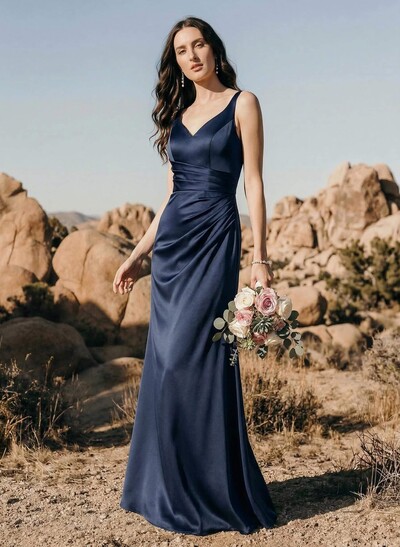 A-Line V-Neck Sleeveless Floor-Length Matte Satin Bridesmaid Dresses With Bow(s)