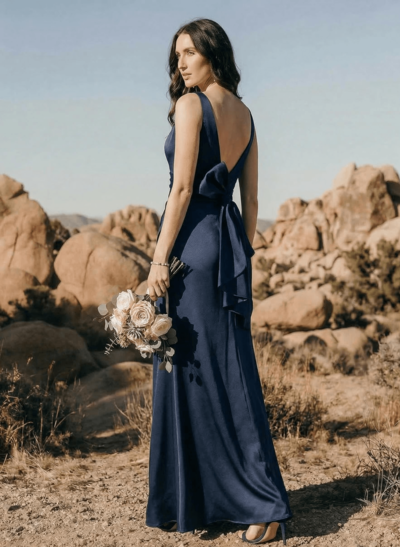 A-Line V-Neck Sleeveless Floor-Length Matte Satin Bridesmaid Dresses With Bow(s)