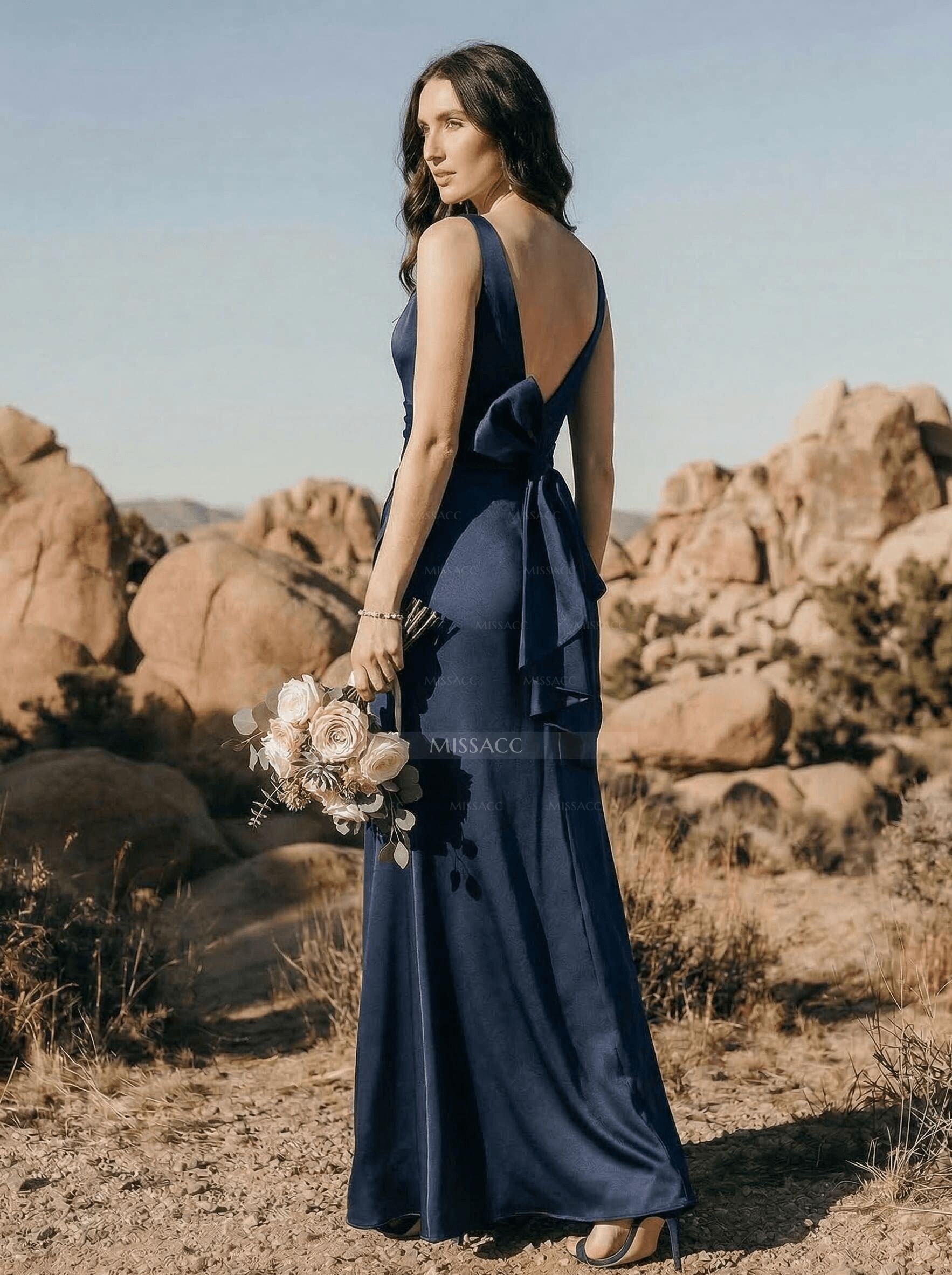 A-Line V-Neck Sleeveless Floor-Length Matte Satin Bridesmaid Dresses With Bow(s)