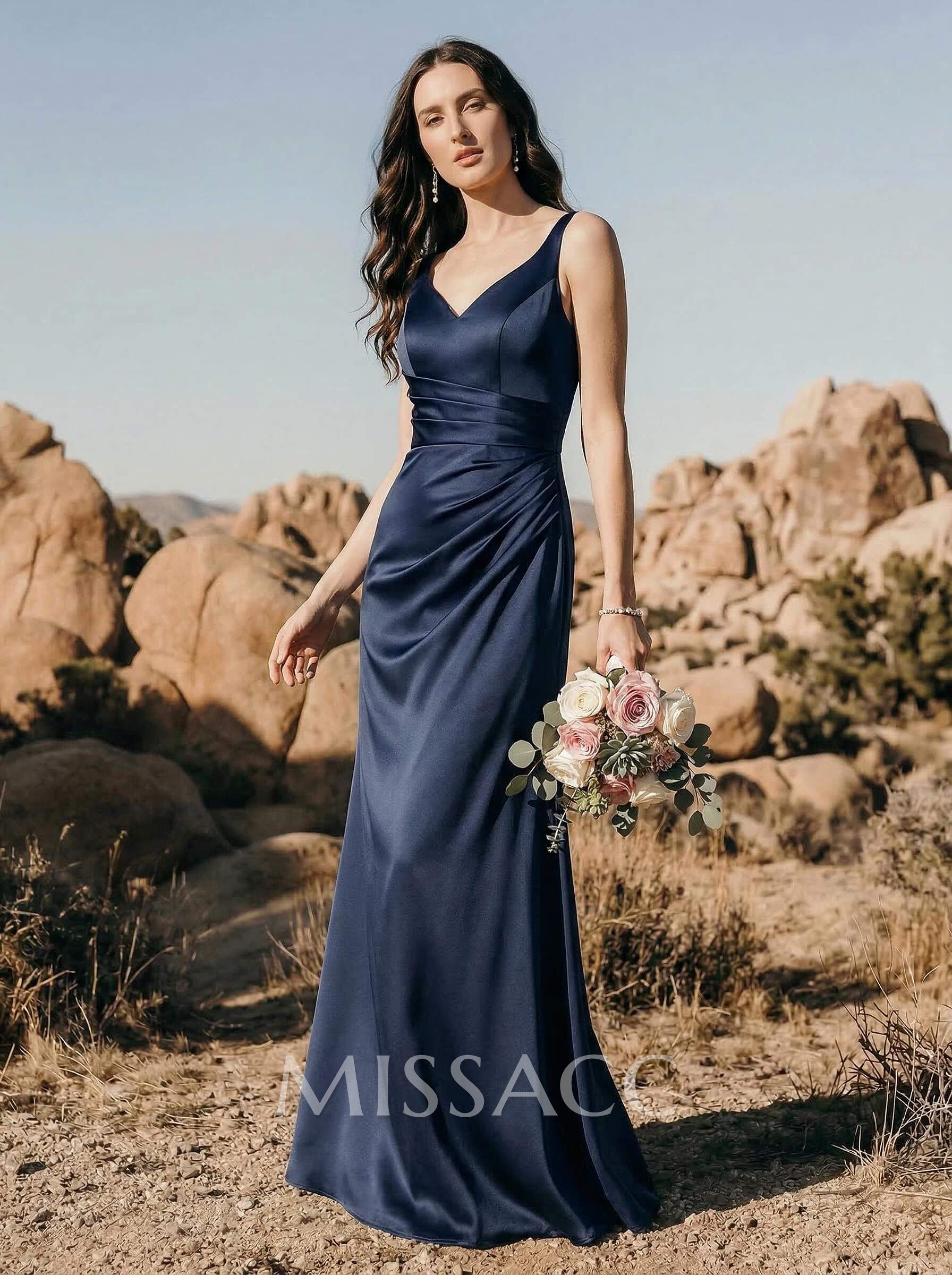 A-Line V-Neck Sleeveless Floor-Length Matte Satin Bridesmaid Dresses With Bow(s)