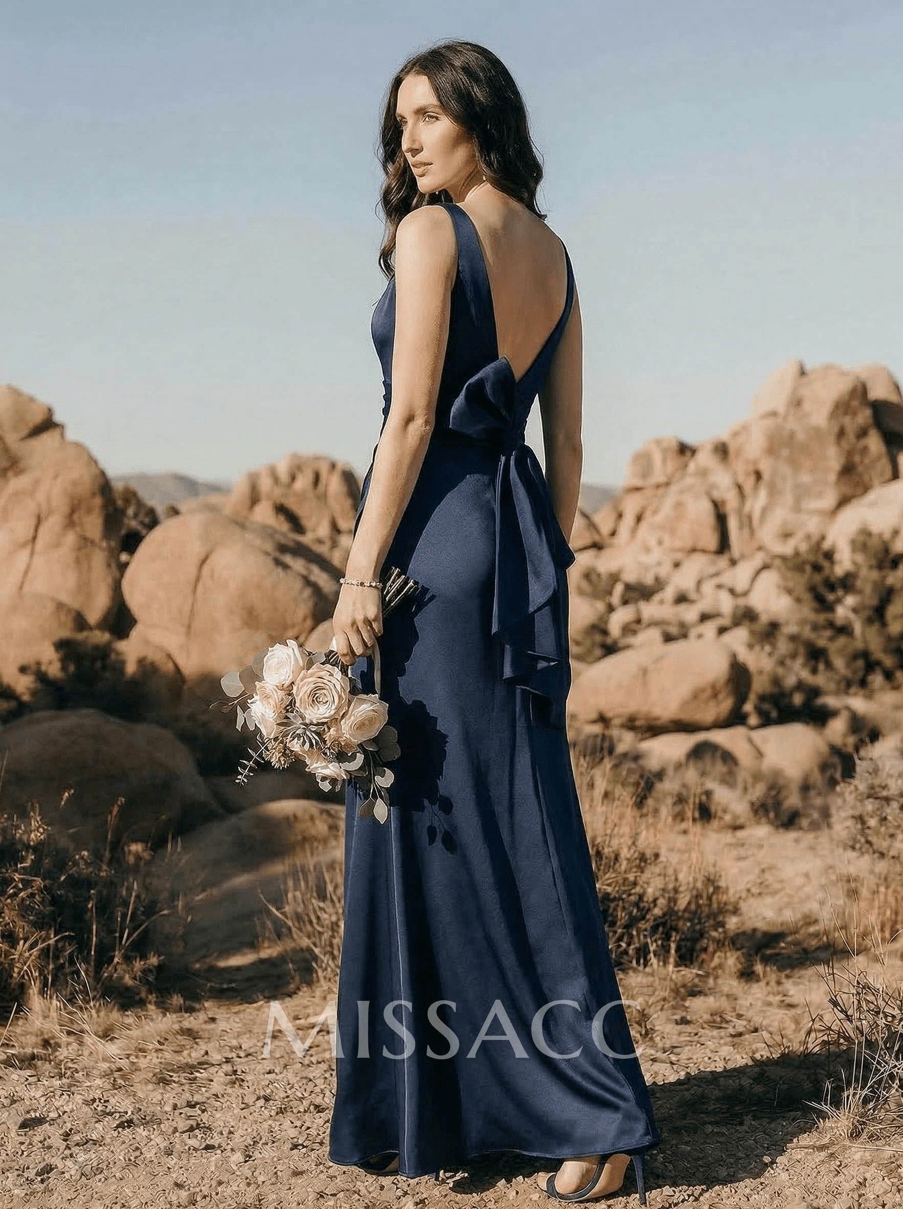 A-Line V-Neck Sleeveless Floor-Length Matte Satin Bridesmaid Dresses With Bow(s)