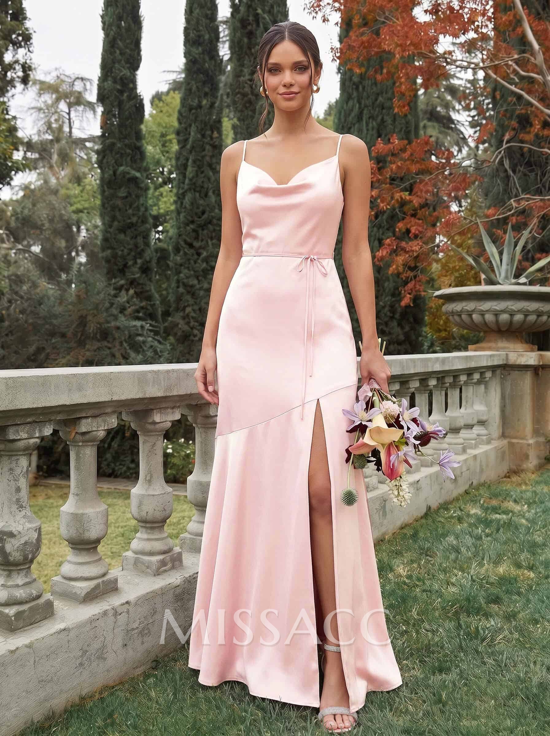 Trumpet/Mermaid Cowl Silk Like Satin Bridesmaid Dresses With High Split