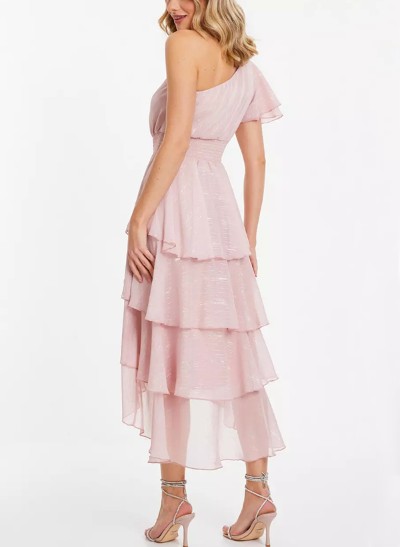 A-Line One-Shoulder Chiffon Bridesmaid Dresses With Cascading Ruffles