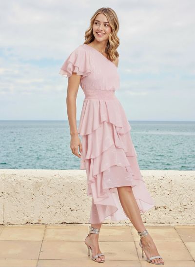 A-Line One-Shoulder Chiffon Bridesmaid Dresses With Cascading Ruffles