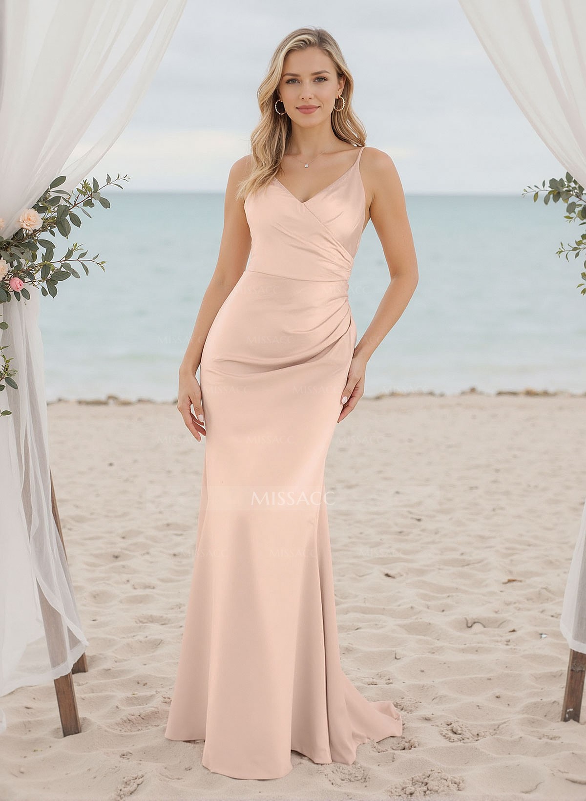 Trumpet/Mermaid V-Neck Sleeveless Silk Like Satin Bridesmaid Dresses