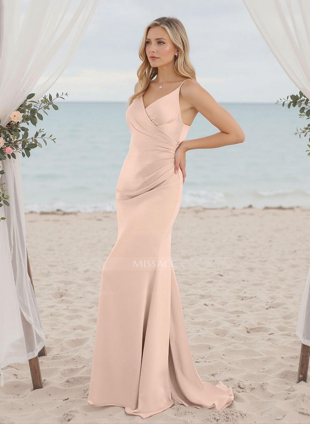 Trumpet/Mermaid V-Neck Sleeveless Silk Like Satin Bridesmaid Dresses