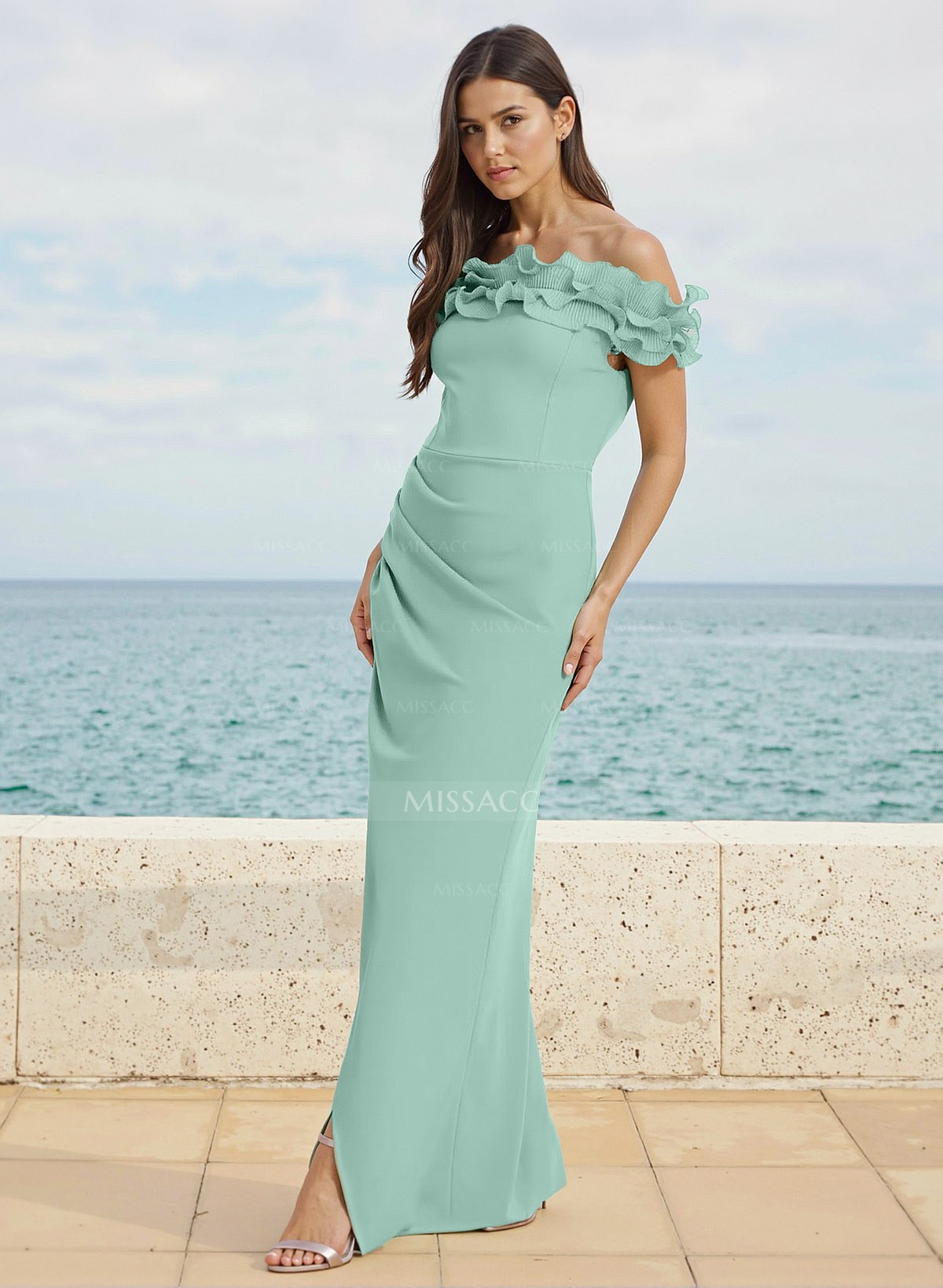 Sheath/Column Elastic Satin Bridesmaid Dresses With Cascading Ruffles