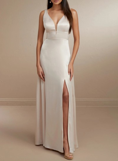 A-Line V-Neck Sleeveless Satin Bridesmaid Dresses With High Split