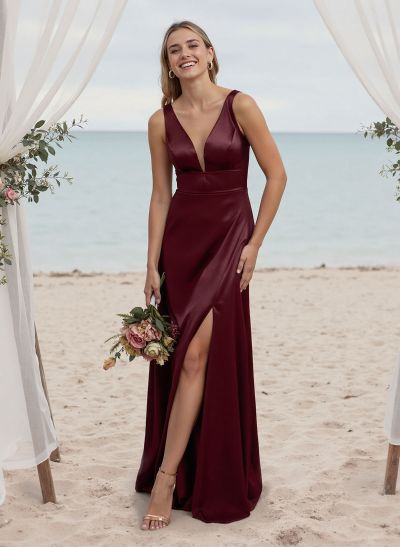 A-Line V-Neck Sleeveless Satin Bridesmaid Dresses With High Split