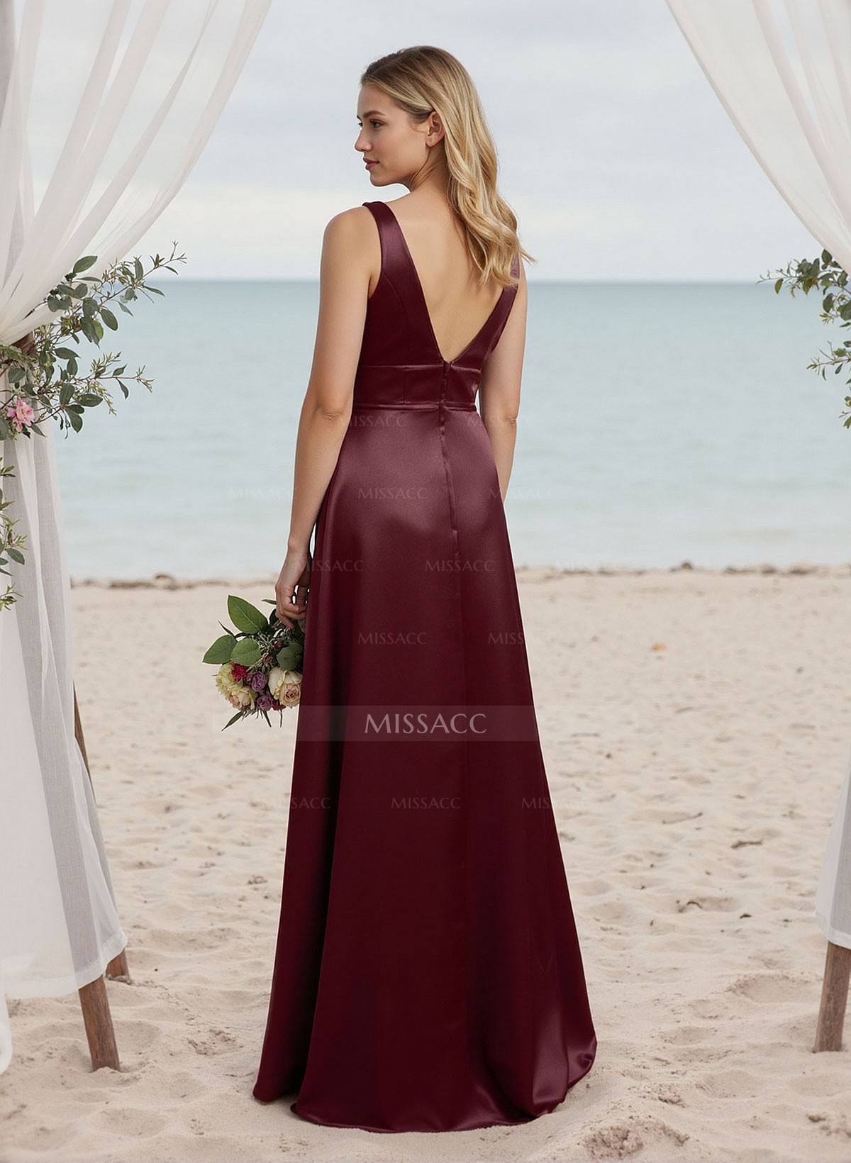 A-Line V-Neck Sleeveless Satin Bridesmaid Dresses With High Split