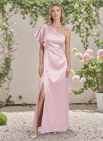 Sheath/Column One-Shoulder Silk Like Satin Bridesmaid Dresses With Split Front