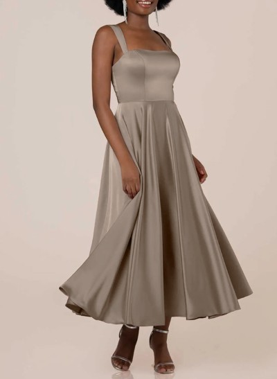 A-Line Square Neckline Sleeveless Ankle-Length Satin Bridesmaid Dresses