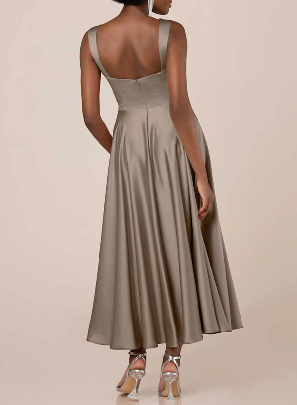 A-Line Square Neckline Sleeveless Ankle-Length Satin Bridesmaid Dresses