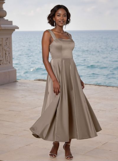 A-Line Square Neckline Sleeveless Ankle-Length Satin Bridesmaid Dresses