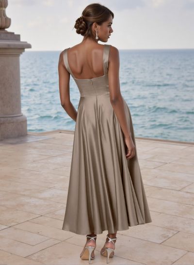 A-Line Square Neckline Sleeveless Ankle-Length Satin Bridesmaid Dresses