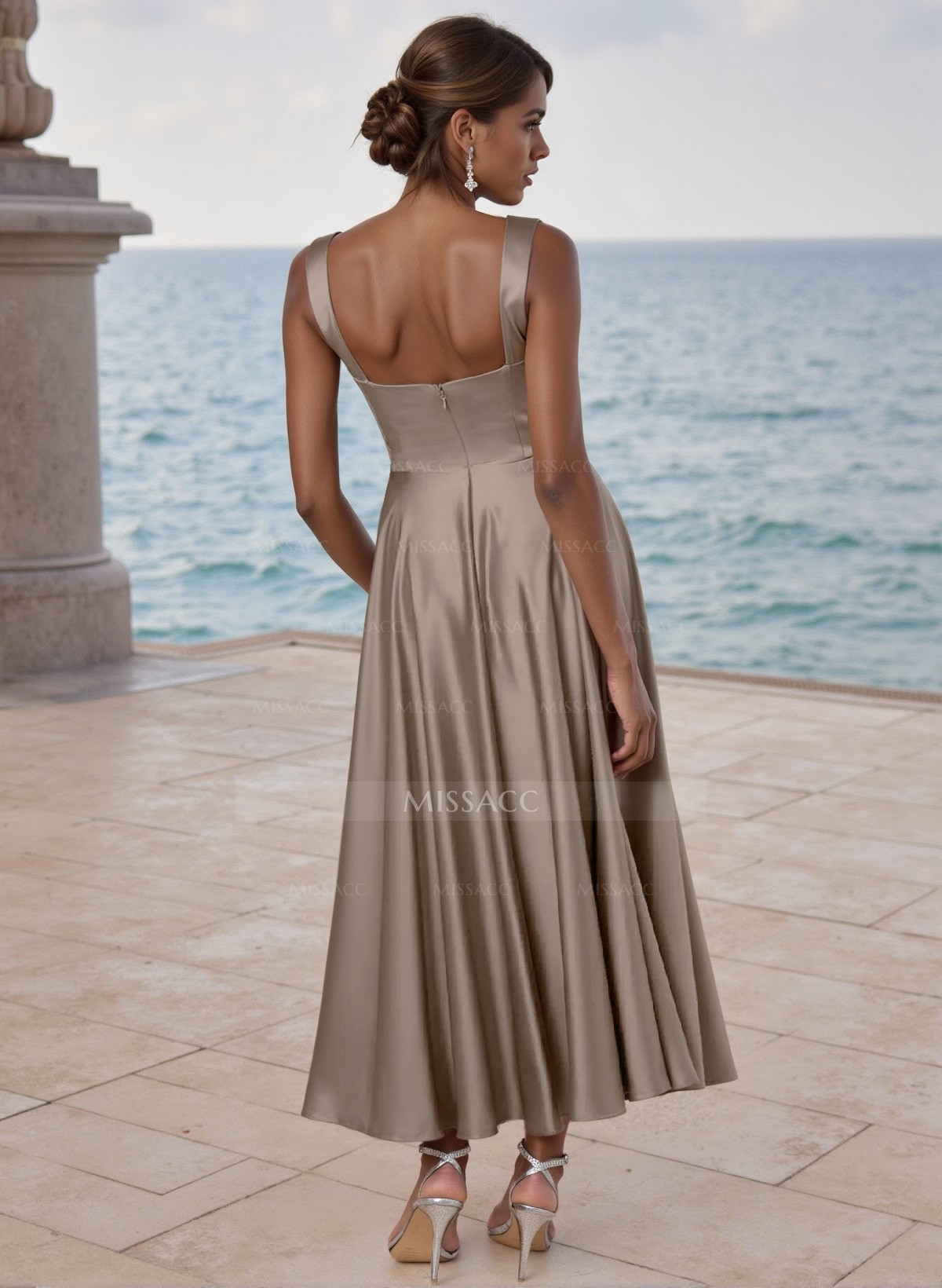 A-Line Square Neckline Sleeveless Ankle-Length Satin Bridesmaid Dresses