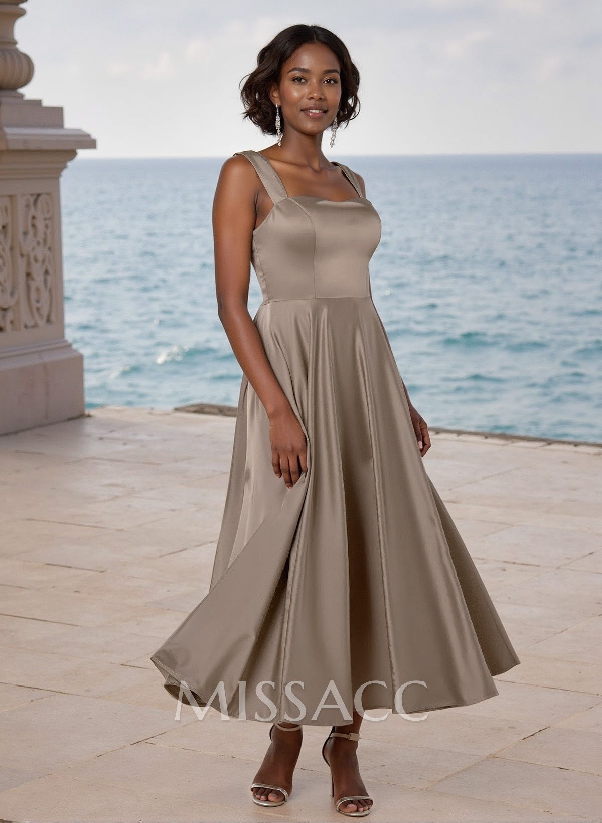 A-Line Square Neckline Sleeveless Ankle-Length Satin Bridesmaid Dresses
