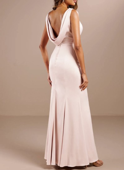 Sheath/Column Scoop Neck Sleeveless Floor-Length Silk Like Satin Bridesmaid Dresses