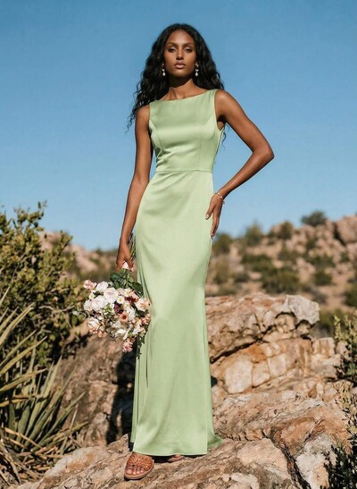Sheath/Column Scoop Neck Sleeveless Floor-Length Silk Like Satin Bridesmaid Dresses