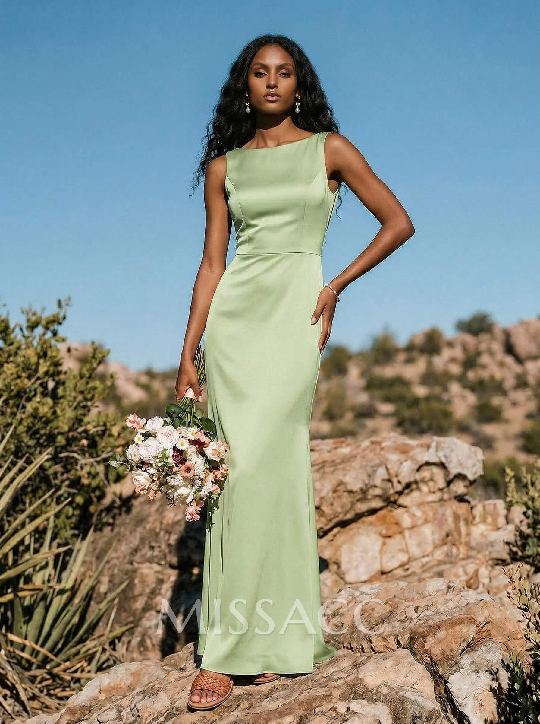 Sheath/Column Scoop Neck Sleeveless Floor-Length Silk Like Satin Bridesmaid Dresses