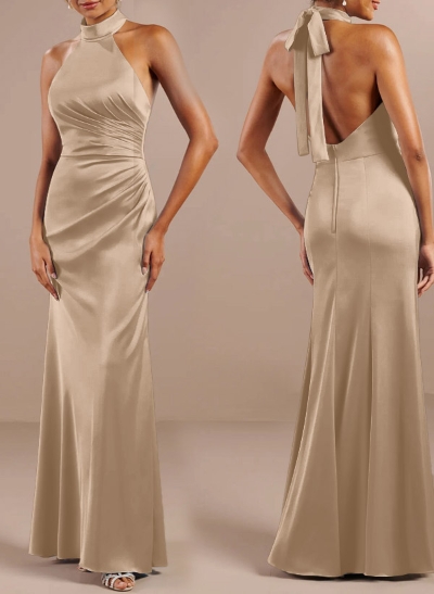 Sheath/Column Halter Sleeveless Floor-Length Matte Satin Bridesmaid Dresses