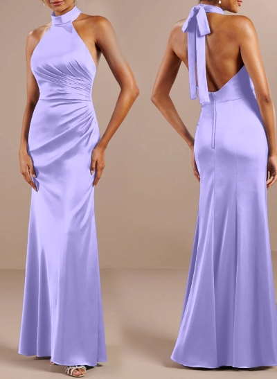 Sheath/Column Halter Sleeveless Floor-Length Matte Satin Bridesmaid Dresses