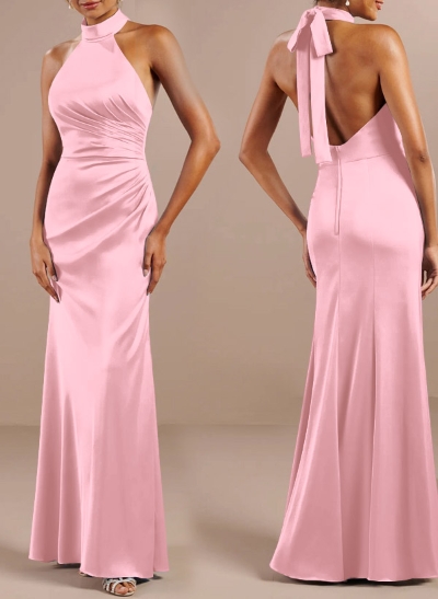 Sheath/Column Halter Sleeveless Floor-Length Matte Satin Bridesmaid Dresses