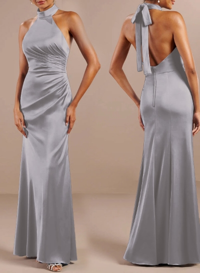 Sheath/Column Halter Sleeveless Floor-Length Matte Satin Bridesmaid Dresses