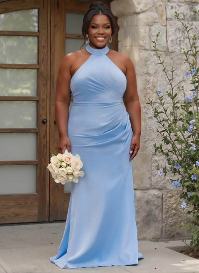 Sheath/Column Halter Sleeveless Floor-Length Matte Satin Bridesmaid Dresses