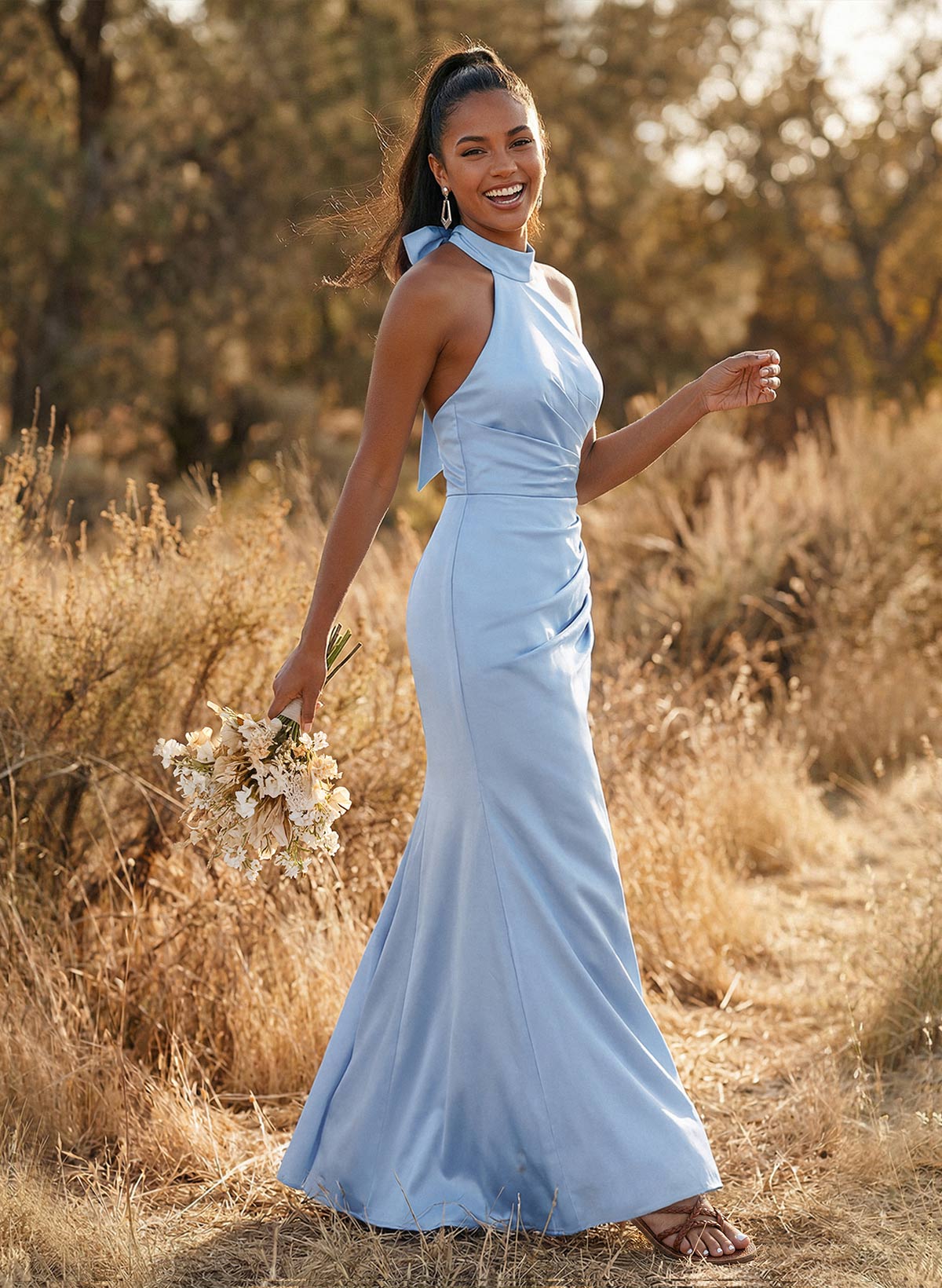 Sheath/Column Halter Sleeveless Floor-Length Matte Satin Bridesmaid Dresses
