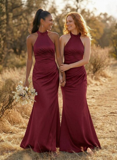 Sheath/Column Halter Sleeveless Floor-Length Matte Satin Bridesmaid Dresses