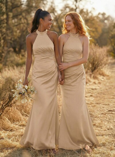 Sheath/Column Halter Sleeveless Floor-Length Matte Satin Bridesmaid Dresses