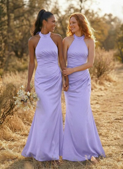 Sheath/Column Halter Sleeveless Floor-Length Matte Satin Bridesmaid Dresses