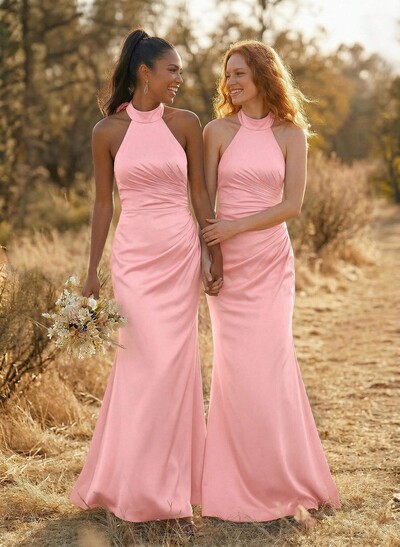 Sheath/Column Halter Sleeveless Floor-Length Matte Satin Bridesmaid Dresses