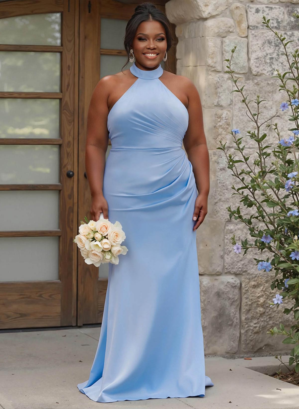Sheath/Column Halter Sleeveless Floor-Length Matte Satin Bridesmaid Dresses