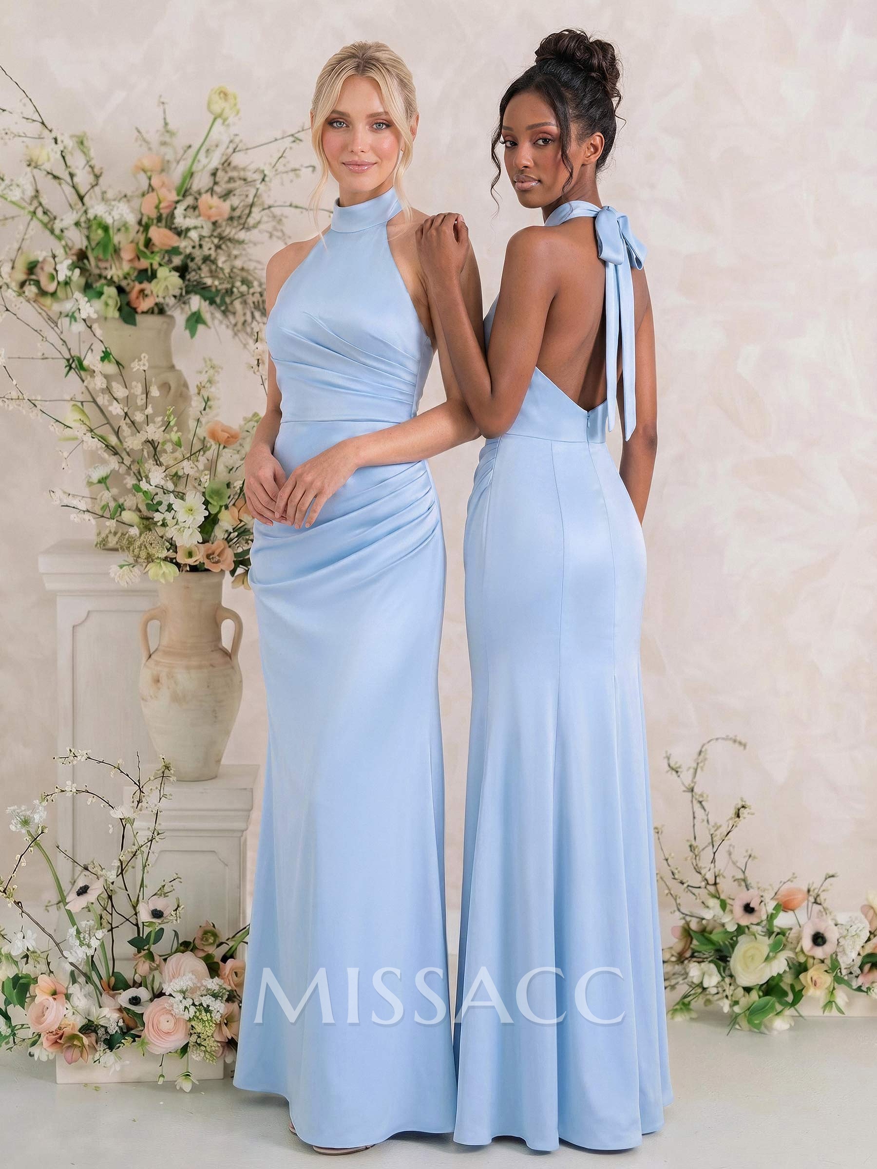 Sheath/Column Halter Sleeveless Floor-Length Matte Satin Bridesmaid Dresses