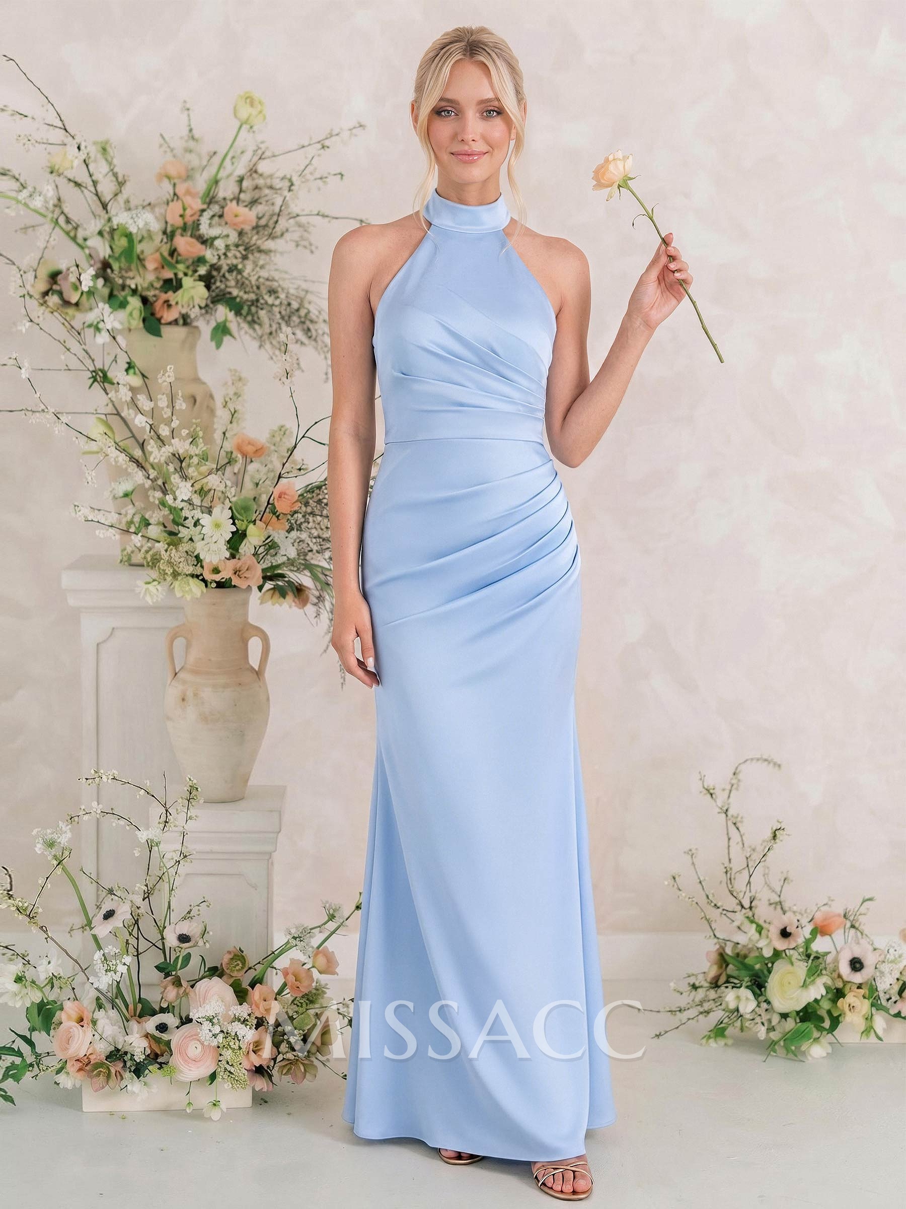 Sheath/Column Halter Sleeveless Floor-Length Matte Satin Bridesmaid Dresses