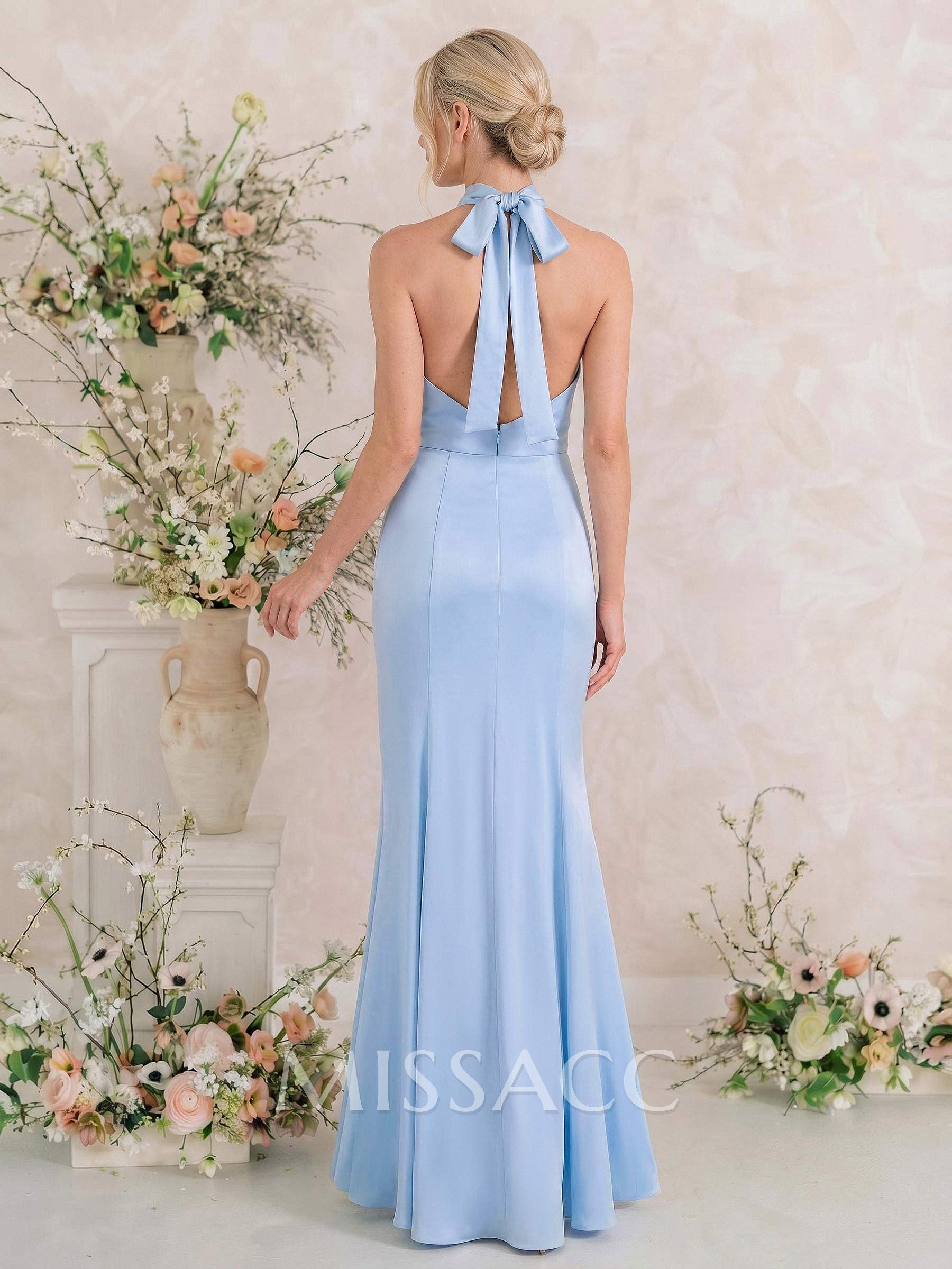 Sheath/Column Halter Sleeveless Floor-Length Matte Satin Bridesmaid Dresses