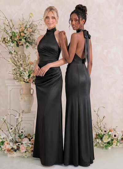 Sheath/Column Halter Sleeveless Floor-Length Matte Satin Bridesmaid Dresses