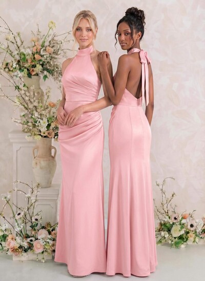 Sheath/Column Halter Sleeveless Floor-Length Matte Satin Bridesmaid Dresses