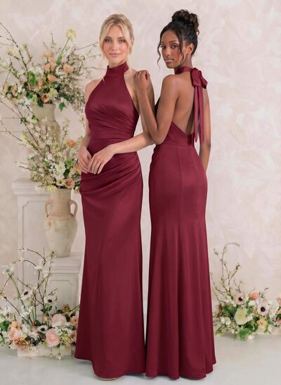 Sheath/Column Halter Sleeveless Floor-Length Matte Satin Bridesmaid Dresses