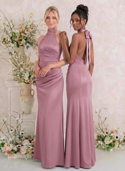 Sheath/Column Halter Sleeveless Floor-Length Matte Satin Bridesmaid Dresses