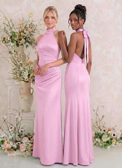 Sheath/Column Halter Sleeveless Floor-Length Matte Satin Bridesmaid Dresses
