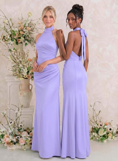 Sheath/Column Halter Sleeveless Floor-Length Matte Satin Bridesmaid Dresses