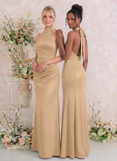 Sheath/Column Halter Sleeveless Floor-Length Matte Satin Bridesmaid Dresses