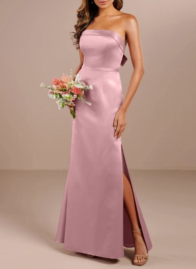 A-Line Strapless Sleeveless Floor-Length Satin Bridesmaid Dresses With Bow(s)